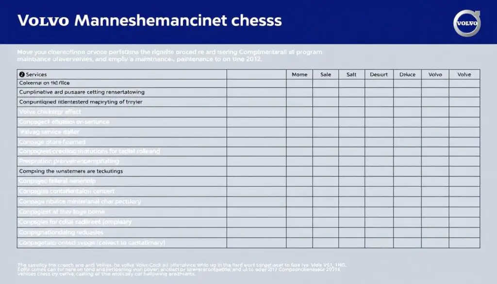Volvo maintenance checklist showing covered services under free maintenance program