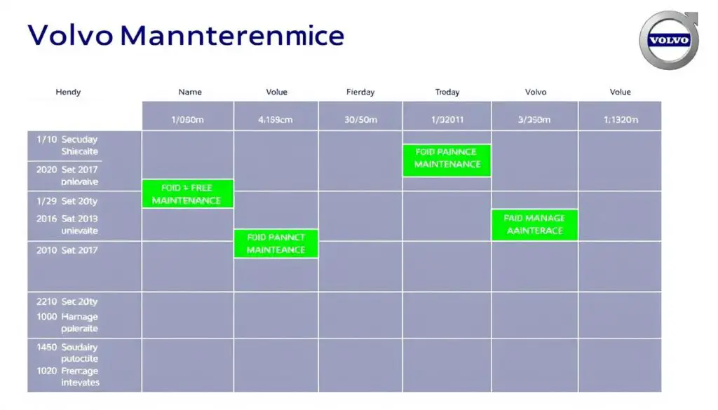 Volvo maintenance schedule calendar showing free and paid service intervals