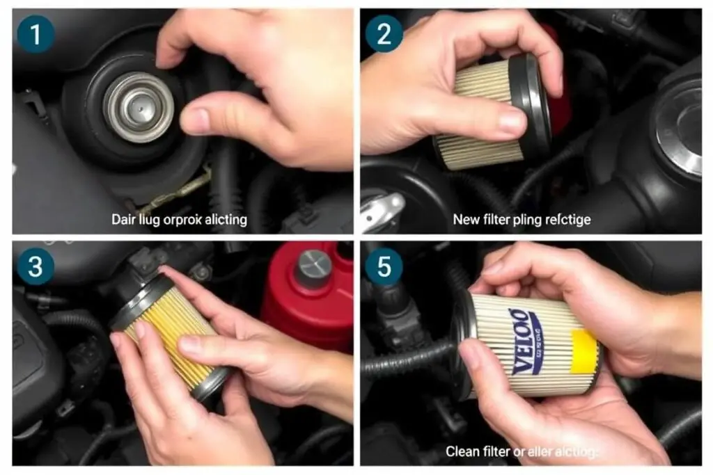 Volvo oil change procedure showing drain plug and filter location