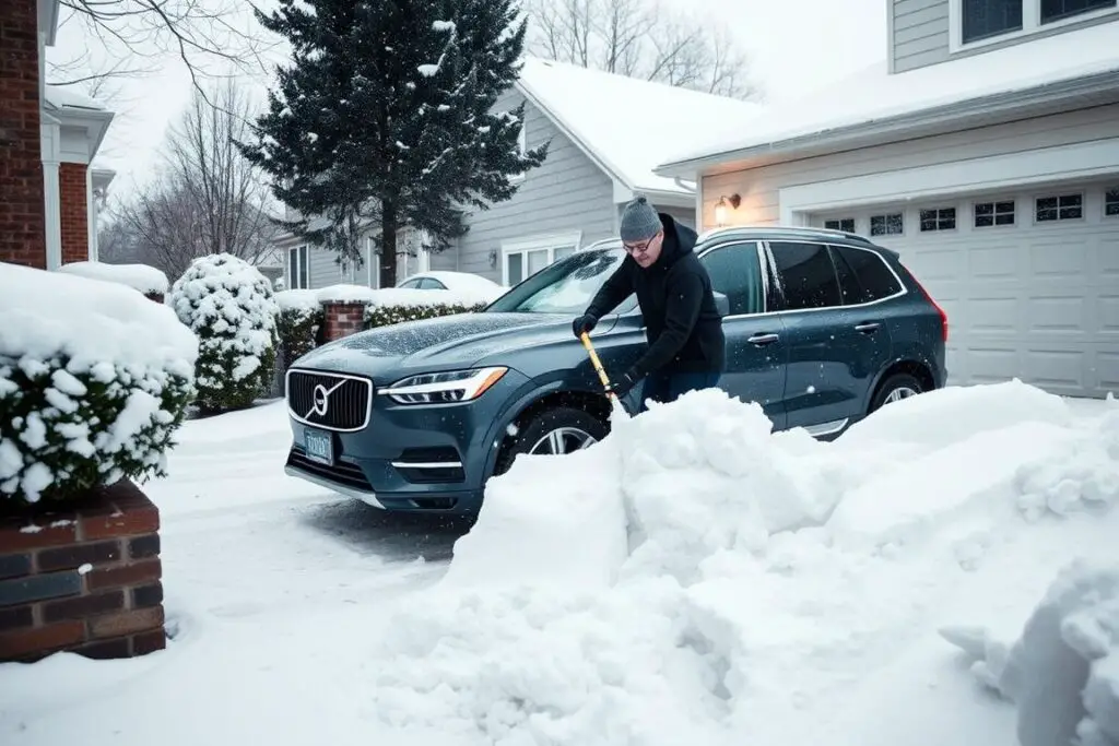Volvo owner clearing snow from their vehicle before a winter drive