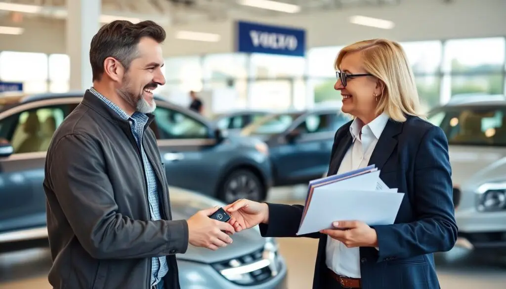 Volvo owner receiving keys at dealership with free maintenance package