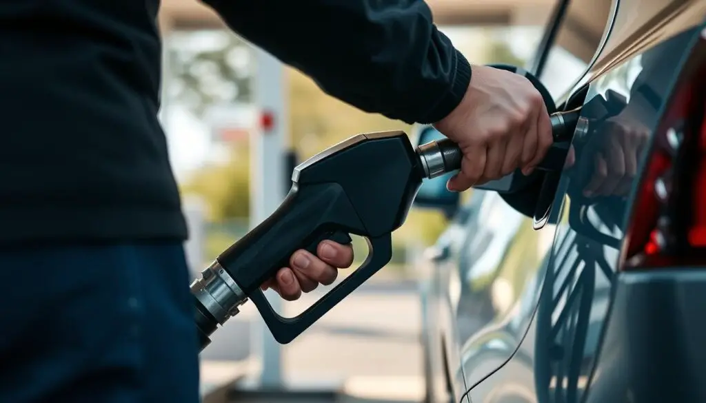 Volvo owner refueling their vehicle at a gas station with premium fuel Volvo owner refueling their vehicle at a gas station with premium fuel