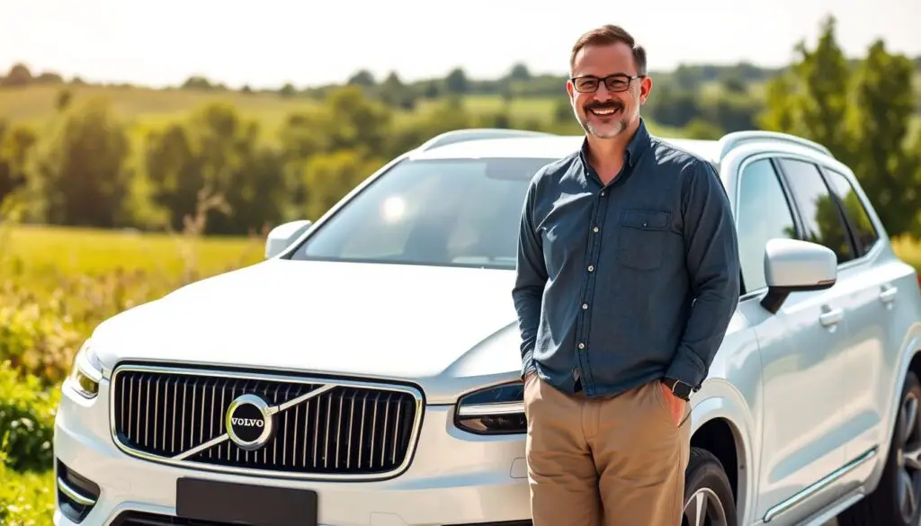 Volvo owner smiling next to well-maintained vehicle showing satisfaction despite repair costs