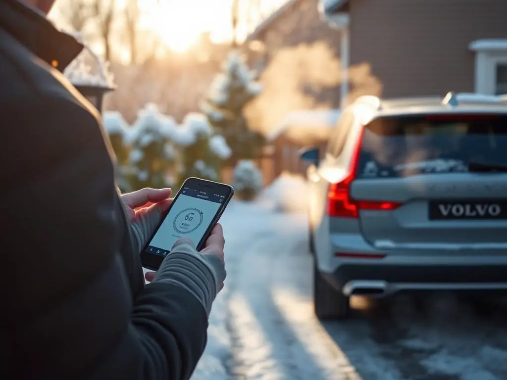 Volvo owner using the app to remotely start their car on a cold winter morning