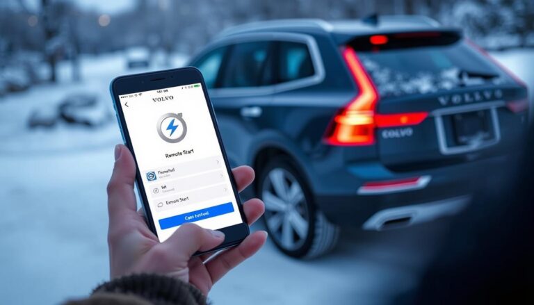 Volvo remote start being activated on a snowy morning with the Volvo Cars app displayed on a smartphone