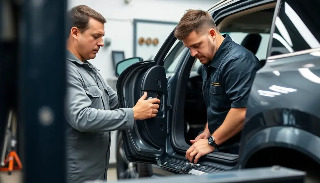 Volvo service technician examining XC90 fuel door