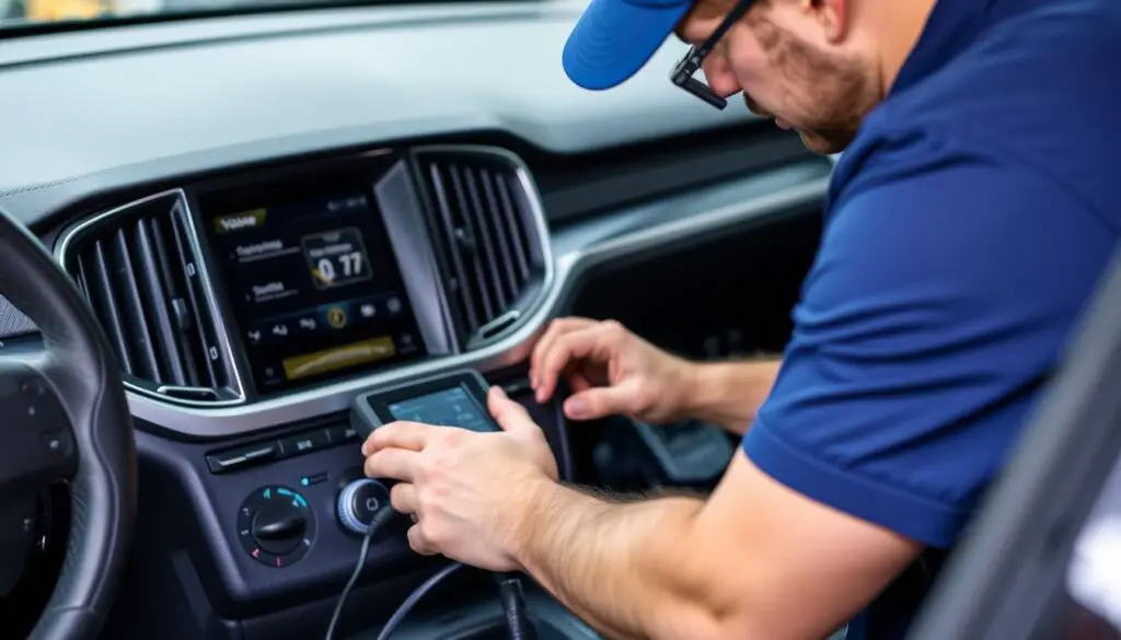 Volvo technician diagnosing infotainment system Volvo technician diagnosing infotainment system