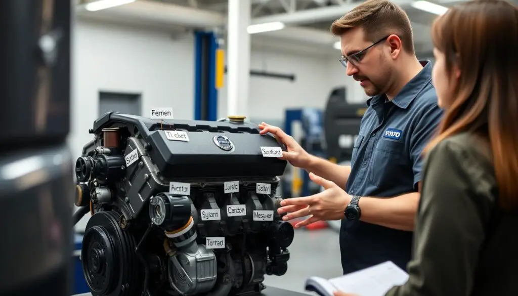 Volvo technician explaining T6 engine features to a customer Volvo technician explaining T6 engine features to a customer