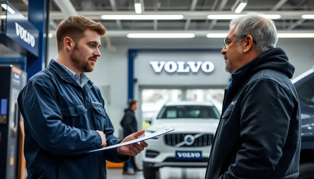Volvo technician explaining fuel requirements to a customer with a Volvo in the service bay Volvo technician explaining fuel requirements to a customer with a Volvo in the service bay