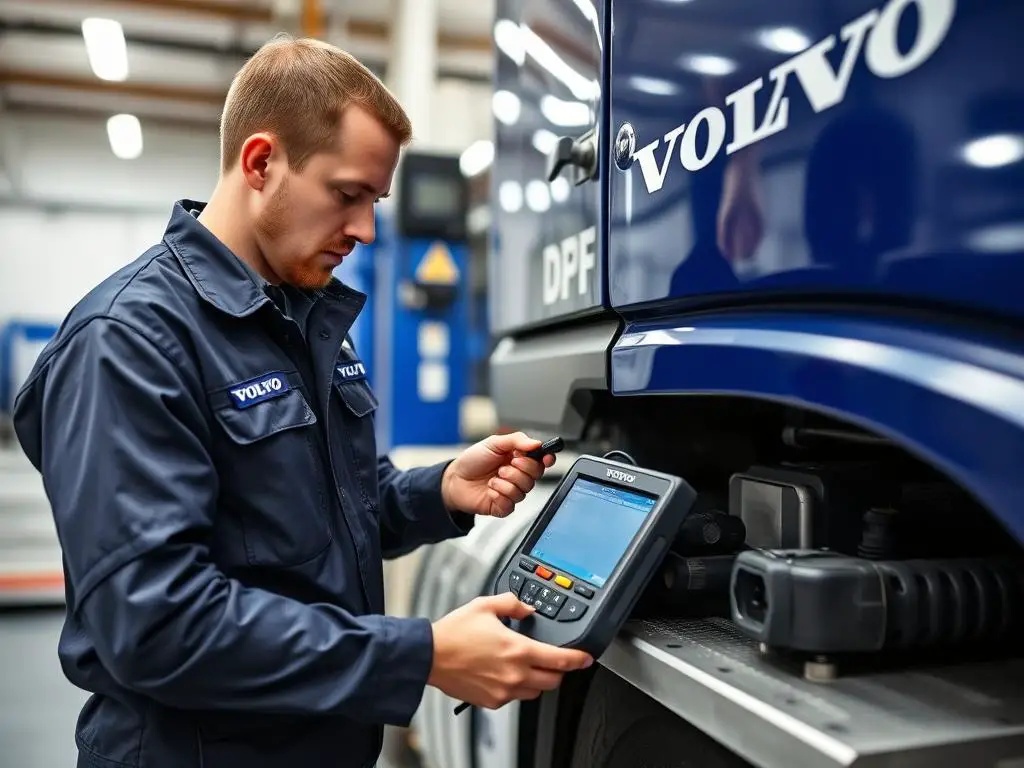 Volvo technician performing diagnostics on a truck's DPF system