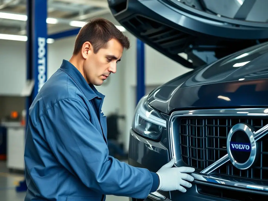 Volvo technician performing scheduled maintenance on a Volvo vehicle