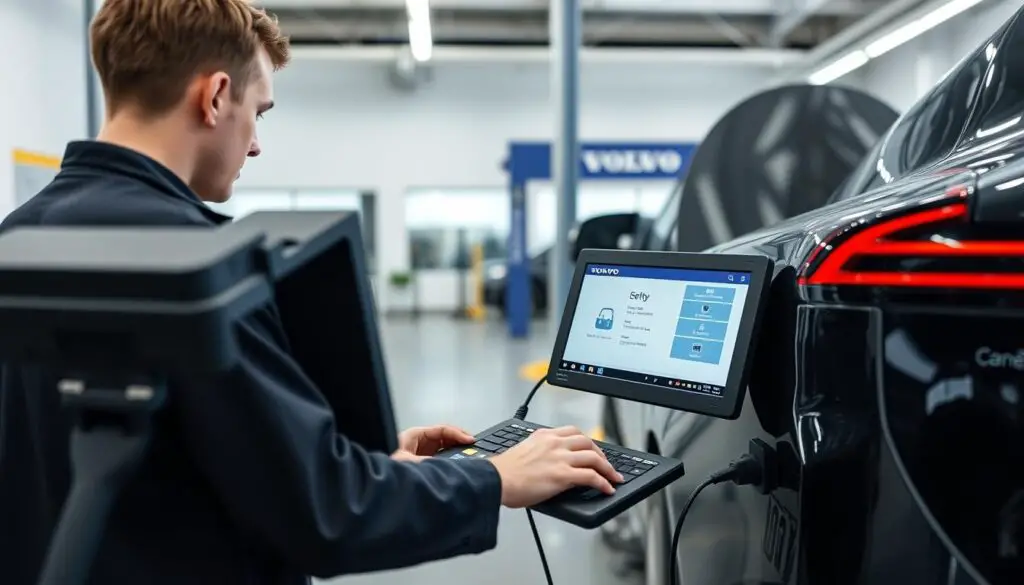Volvo technician performing software update at dealership