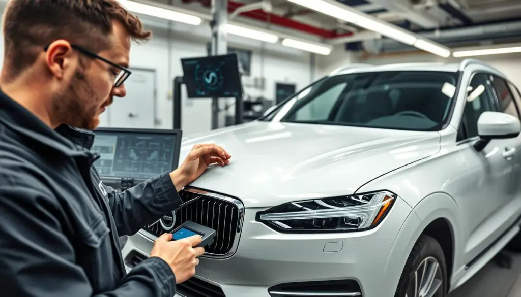 Volvo technician repairing advanced safety sensors on a Volvo XC60