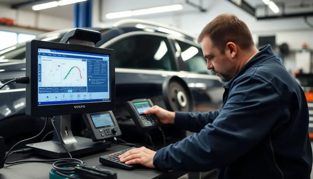Volvo technician using diagnostic equipment to troubleshoot computer issues Volvo technician using diagnostic equipment to troubleshoot computer issues