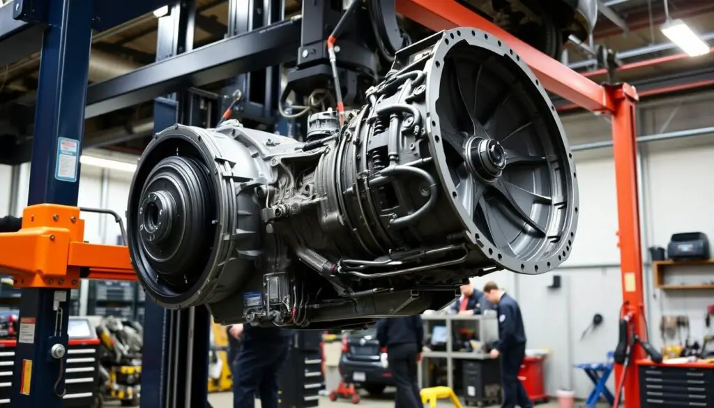 Volvo transmission being serviced showing complex repair process
