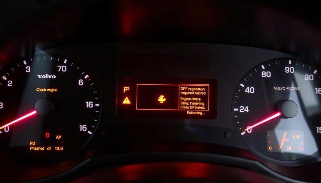 Volvo truck dashboard showing engine derate warning lights