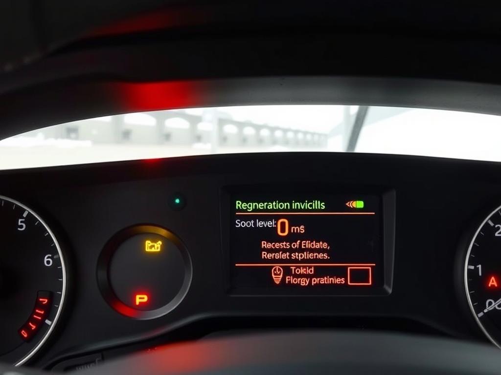 Volvo truck dashboard showing regeneration indicator lights and soot level gauge
