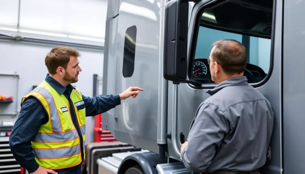 Volvo truck maintenance technician explaining regeneration process to driver