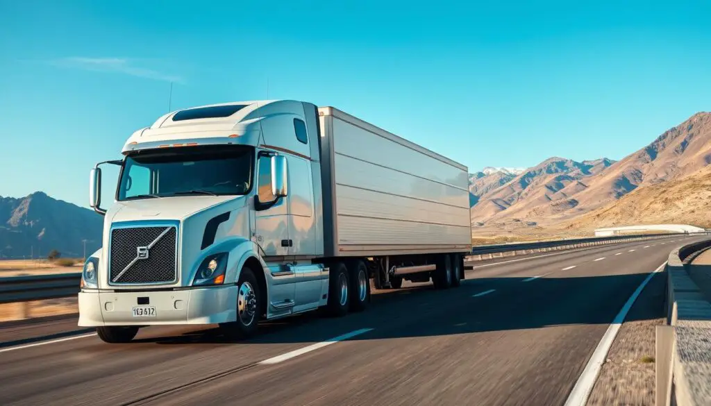 Volvo truck on highway with clean exhaust during regeneration