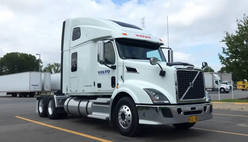 Volvo truck performing a parked regeneration with visible exhaust