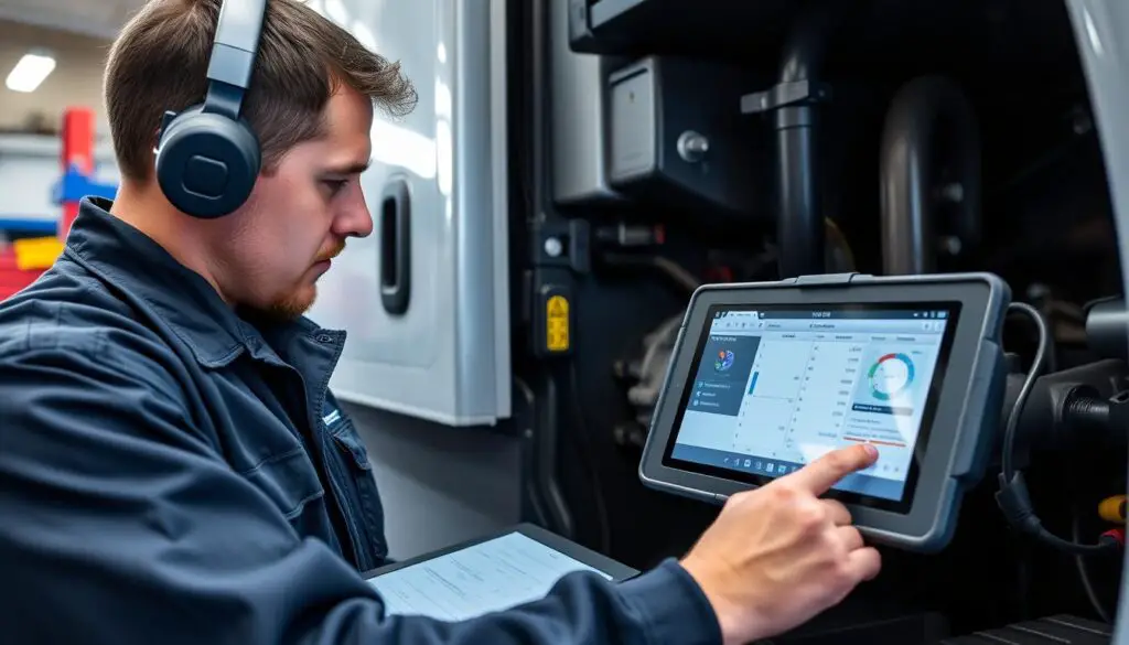 Volvo truck technician using diagnostic equipment on DPF system