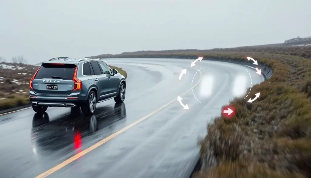 Volvo vehicle demonstrating stability control and AWD working together on slippery road