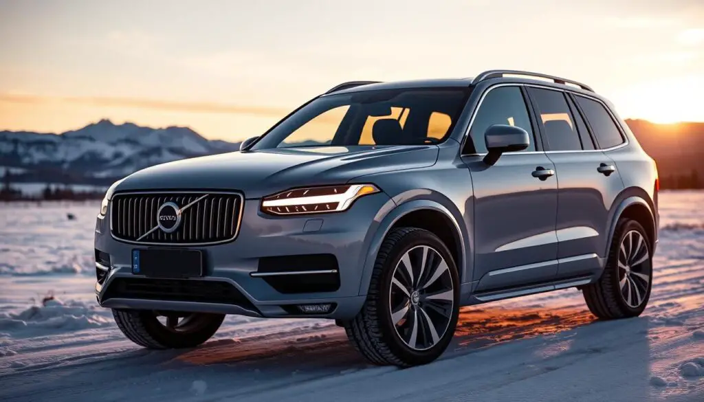 Volvo vehicle parked in a scenic snowy landscape at sunset