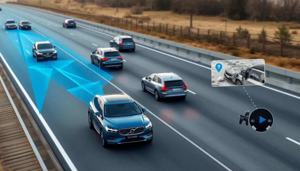 Volvo's connected safety technology showing cars communicating about road hazards