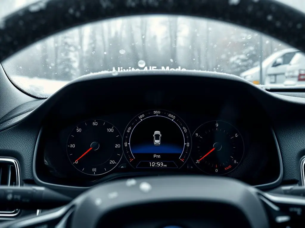 Volvo's dashboard displaying winter driving mode and safety systems active in snowy conditions