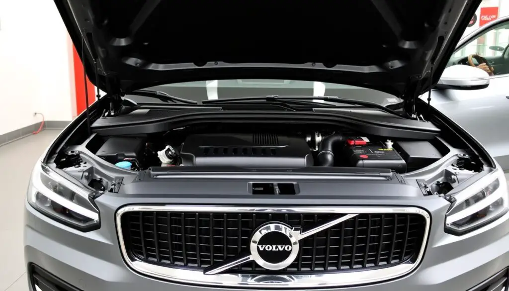 Well-maintained Volvo with hood open showing clean engine bay Well-maintained Volvo with hood open showing clean engine bay