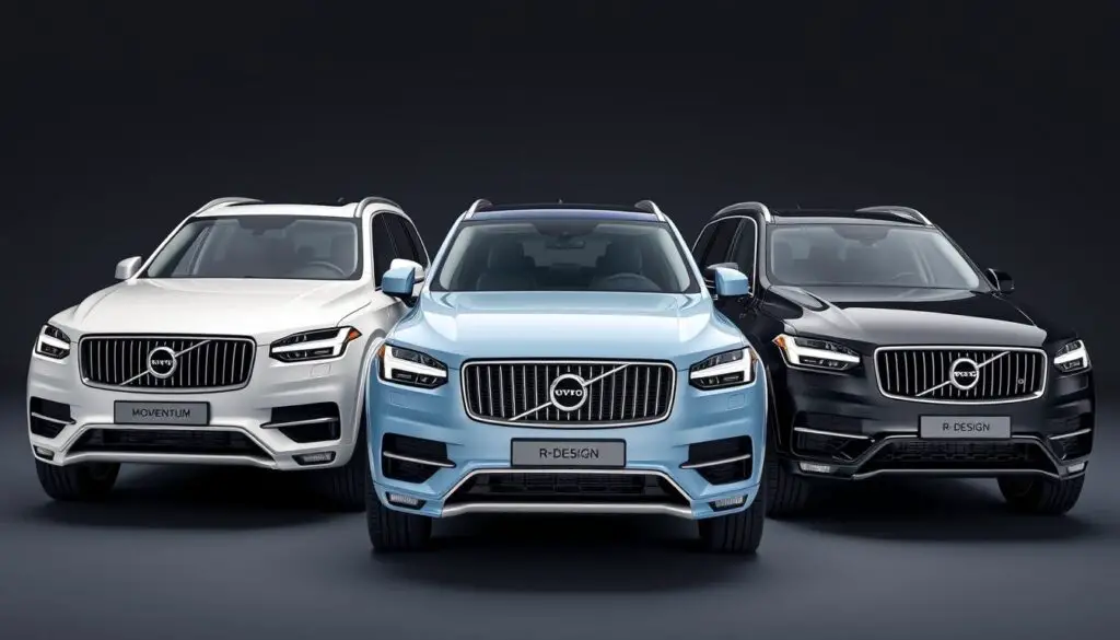 Comparison of XC90 trim levels showing R-Design alongside Momentum and Inscription Comparison of XC90 trim levels showing R-Design alongside Momentum and Inscription