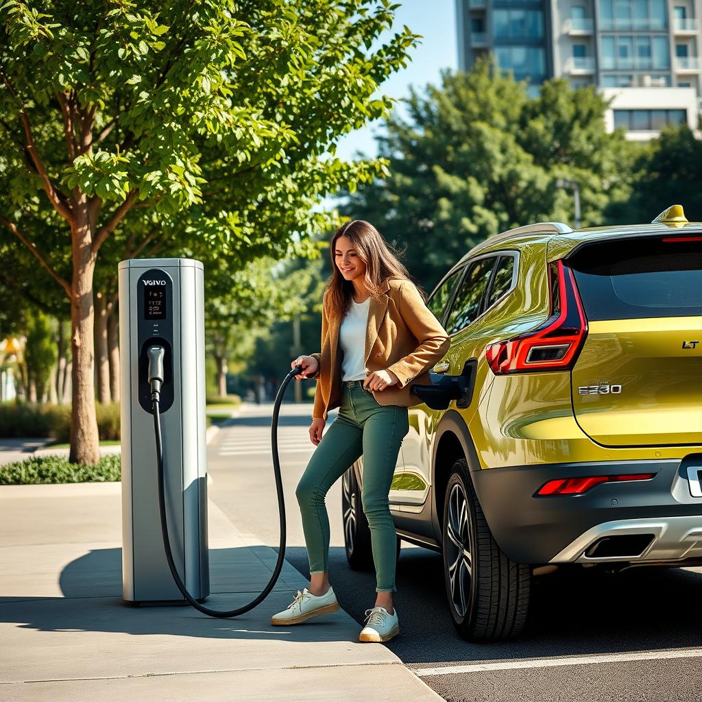 Environmentally conscious consumer with Volvo EX30 at charging station Environmentally conscious consumer with Volvo EX30 at charging station