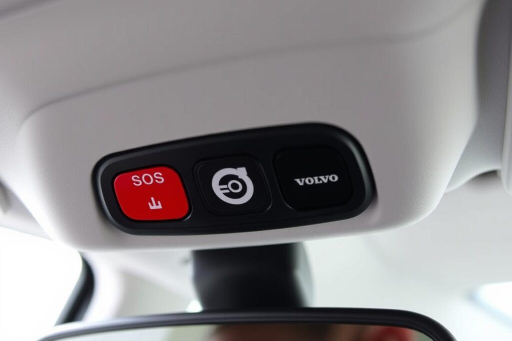 Interior of Volvo showing the On Call button on the ceiling console