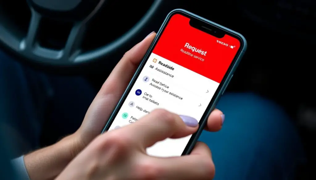 Person using Volvo Cars app on smartphone to request roadside assistance