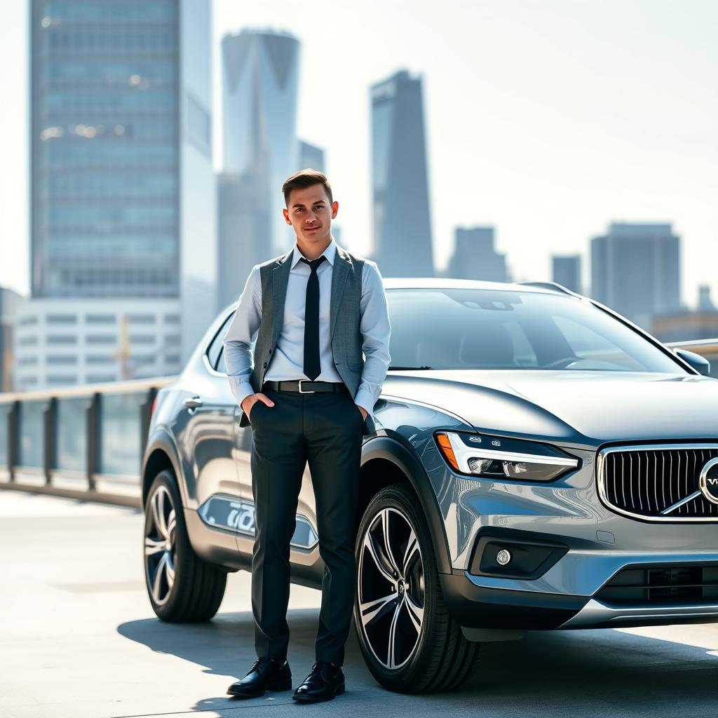Urban professional with Volvo EX30 in city environment Urban professional with Volvo EX30 in city environment