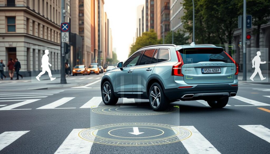 Volvo City Safety system detecting pedestrians in urban environment Volvo City Safety system detecting pedestrians in urban environment