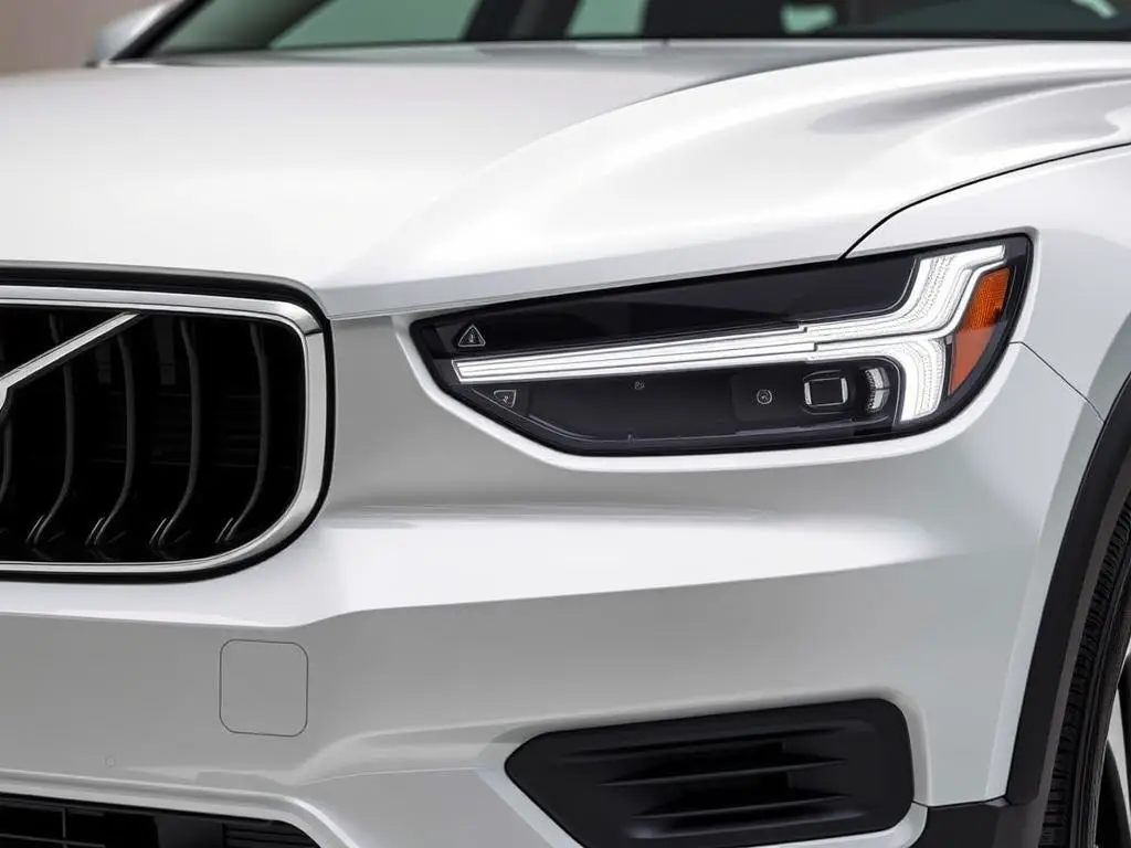 Volvo EX30 front view showing Thor's hammer headlights and closed-off grille design Volvo EX30 front view showing Thor's hammer headlights and closed-off grille design