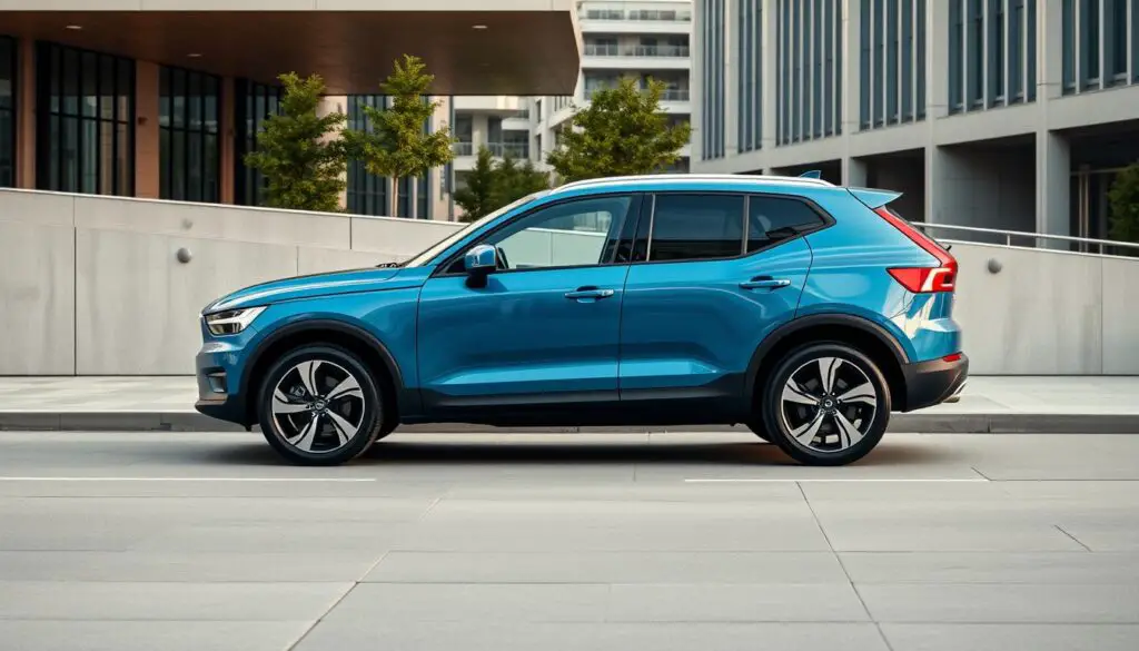 Volvo EX30 in blue color showing the side profile of this compact electric SUV with its Volvo EX30 starting price displayed Volvo EX30 in blue color showing the side profile of this compact electric SUV with its Volvo EX30 starting price displayed