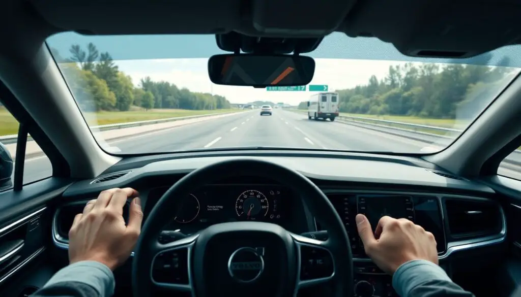 Volvo Pilot Assist system in action on highway showing driver assistance interface Volvo Pilot Assist system in action on highway showing driver assistance interface