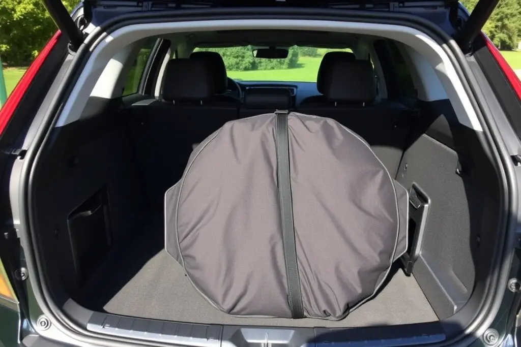 Volvo XC60 T8 cargo area with aftermarket spare tire storage solution Volvo XC60 T8 cargo area with aftermarket spare tire storage solution