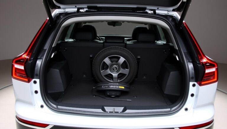 Volvo XC60 T8 eAWD Plug-in Hybrid SUV with open trunk showing no spare tire compartment