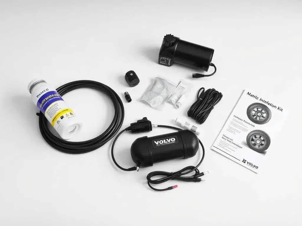 Volvo XC60 T8 spare tire inflation kit components laid out Volvo XC60 T8 spare tire inflation kit components laid out