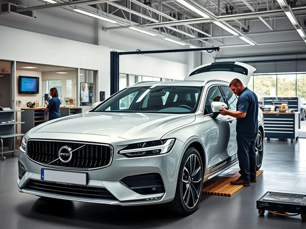 Volvo dealership service center with V90 being serviced Volvo dealership service center with V90 being serviced