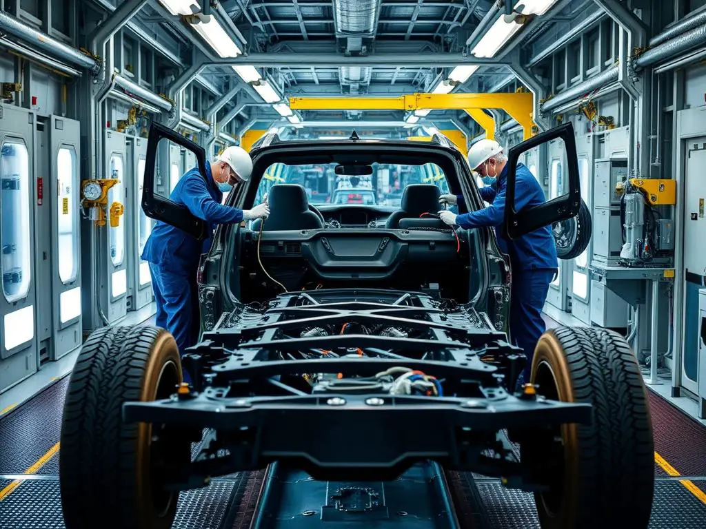 Volvo factory rustproofing process showing galvanized steel application Volvo factory rustproofing process showing galvanized steel application