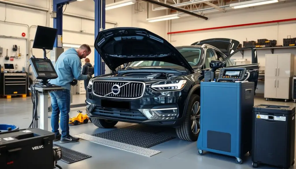 Volvo hybrid electric vehicle undergoing scheduled maintenance at authorized service center Volvo hybrid electric vehicle undergoing scheduled maintenance at authorized service center