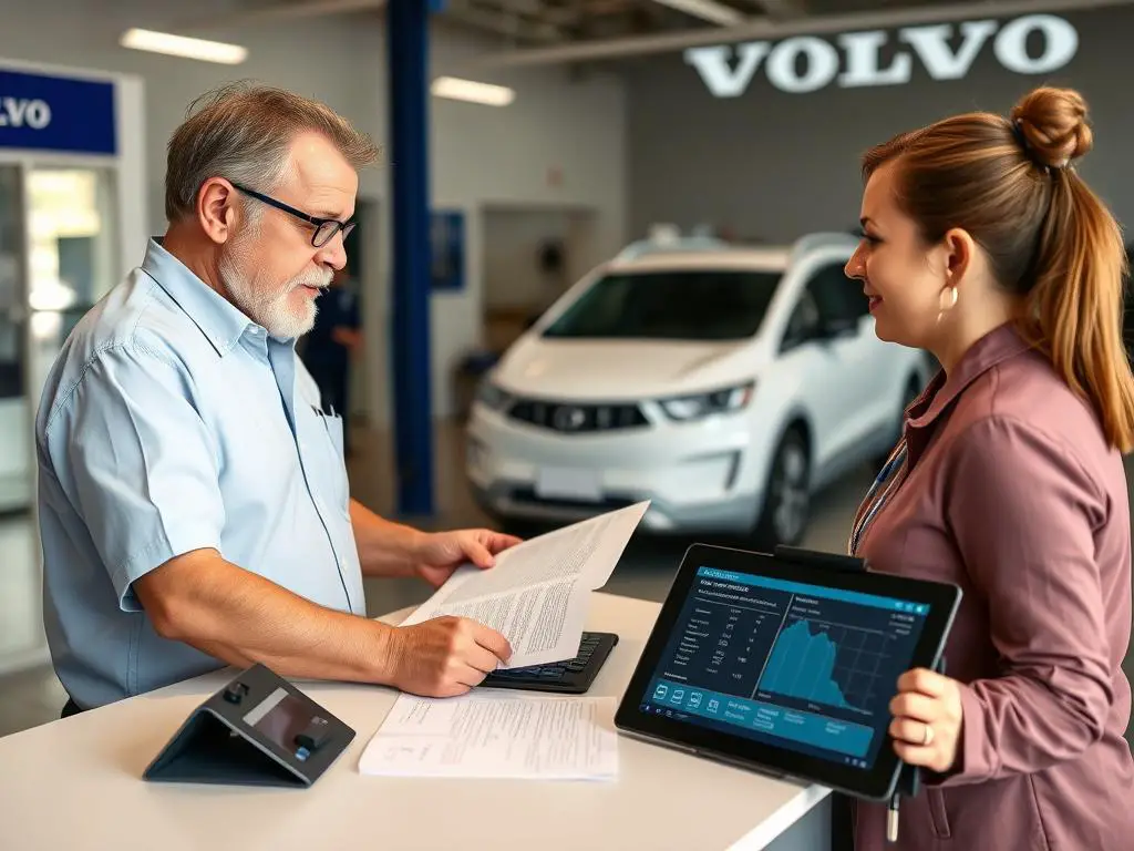 Volvo owner discussing battery warranty claim with service advisor Volvo owner discussing battery warranty claim with service advisor