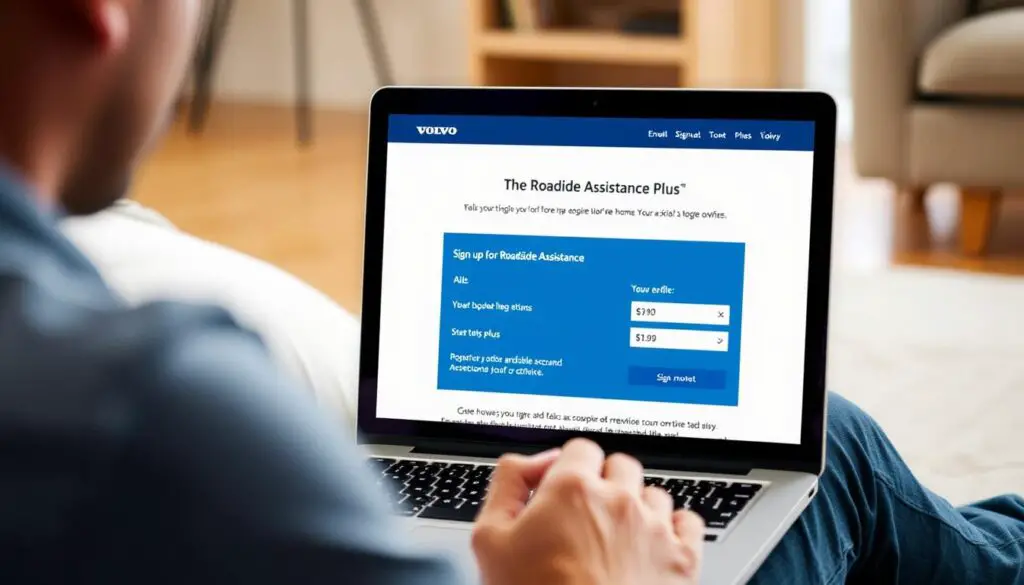 Volvo owner signing up for Roadside Assistance Plus on laptop