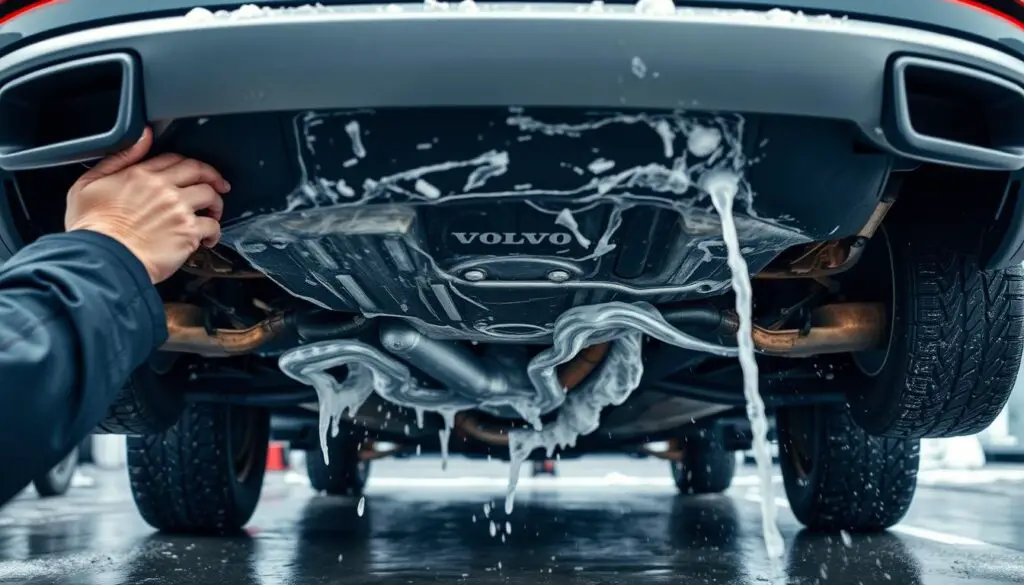 Volvo owner washing undercarriage at car wash to prevent rust Volvo owner washing undercarriage at car wash to prevent rust