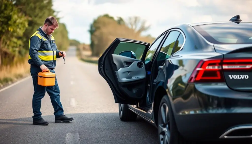 Volvo roadside assistance providing fuel delivery service to a stranded Volvo S60