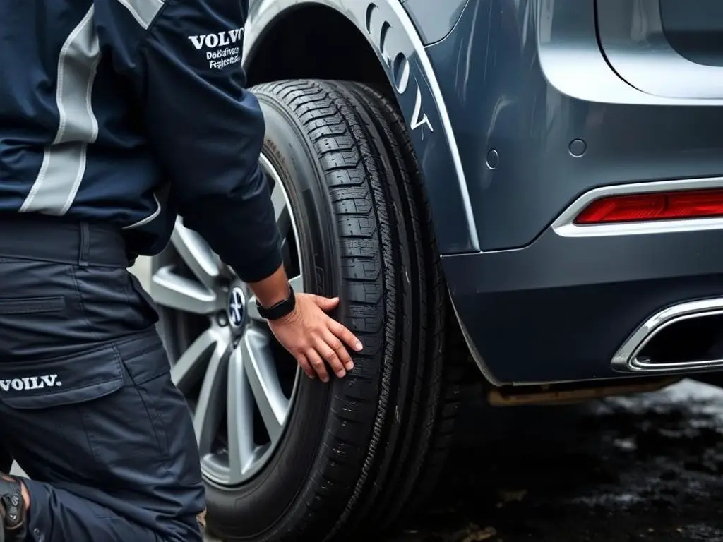 Volvo roadside assistance technician changing a flat tire on a Volvo XC90